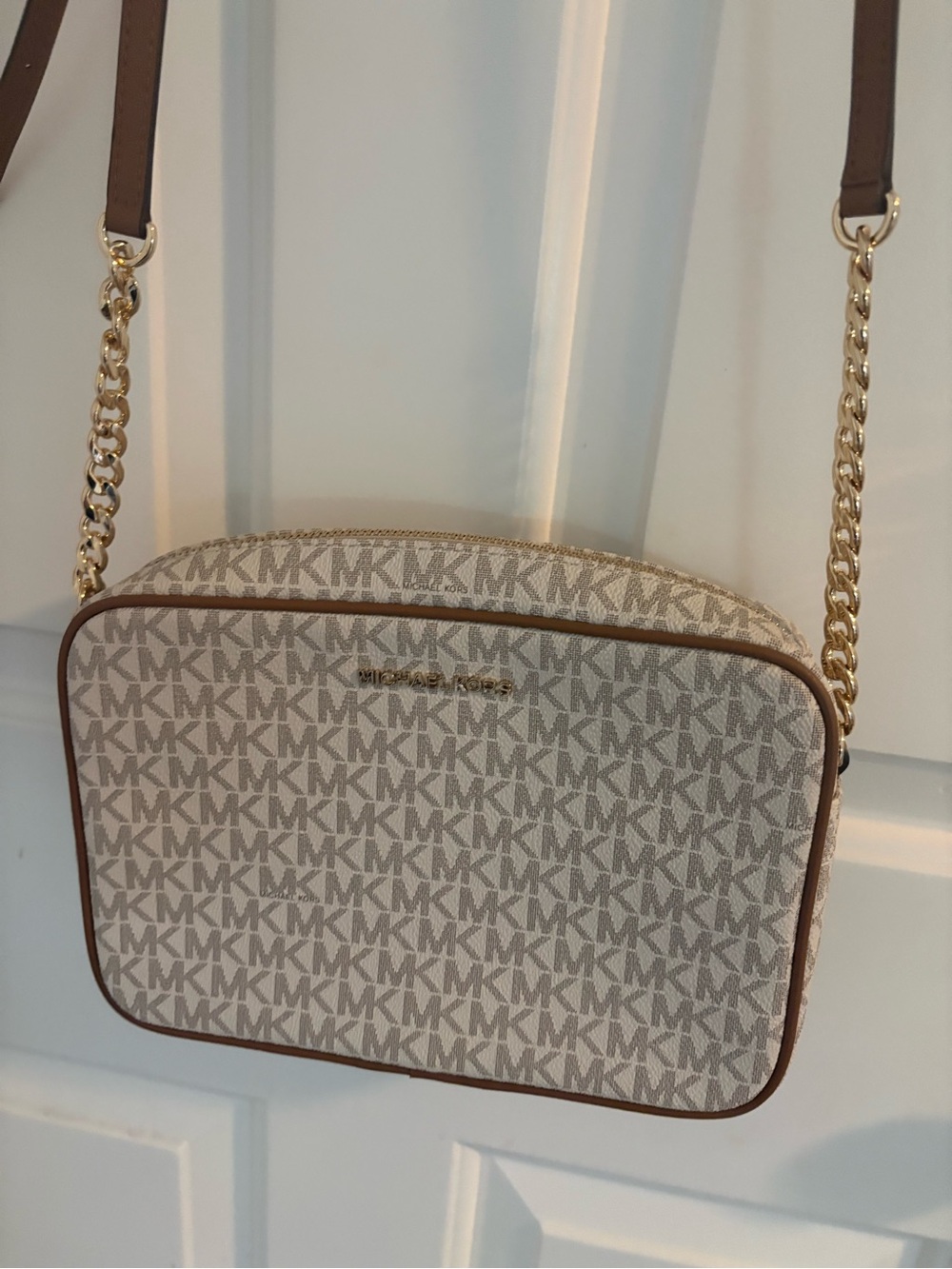 MICHAEL Michael Kors Cream Logo Crossbody with Brown Trim